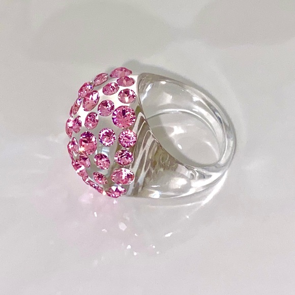 Pink Swarovski Crystal Acrylic Dome Ring, Lucite Clear Statement Ring - Picture 3 of 13